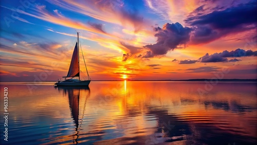 Vibrant hues of sunset reflect off calm waters, capturing a sailboat's gentle glide, with precise silhouettes and a sense of serenity. photo