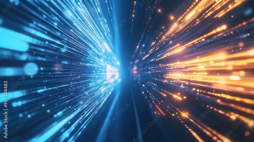 Fototapeta premium Glowing digital technology background featuring blue and orange light rays with abstract lines of code and high-speed motion effects. Futuristic concept for big data analysis, science, and cyberspace,