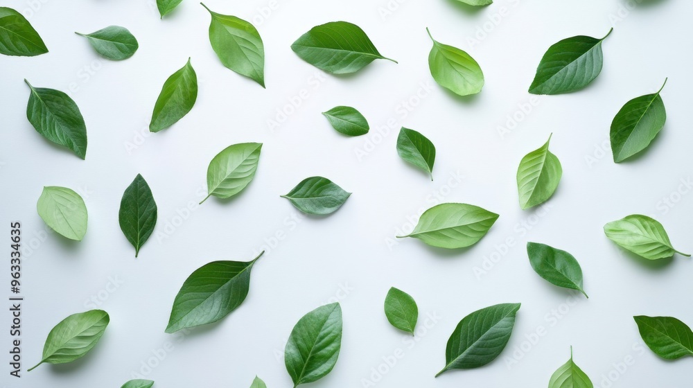 Naklejka premium White backdrop with delicate, minimalistic green leaves scattered, representing the theme of recycling and environmental sustainability.