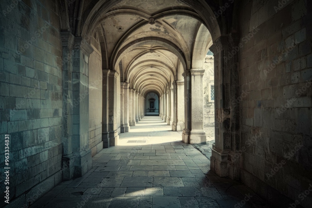 Sunlight is illuminating the end of an ancient stone archway corridor Sunlight is illuminating the end of an ancient stone archway corridor
