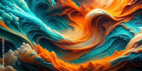 Radiant swirls of turquoise and orange hues collide in a bold, high-contrast composition, with sharp, jagged edges and soft, blended textures. photo