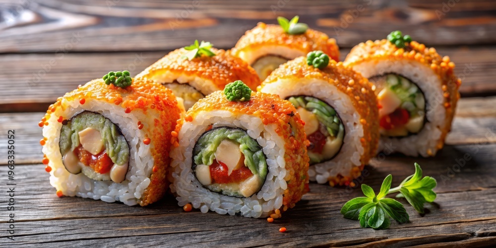 Fish roe's gentle sparkle complements the spicy mayo's bold statement, as both adorn a trio of artfully arranged sushi rolls, set against a backdrop of distressed wooden grain. Fish roe's gentle sparkle complements the spicy mayo's bold statement, as both adorn a trio of artfully arranged sushi rolls, set against a backdrop of distressed wooden grain.