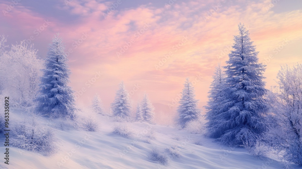 Fototapeta premium Serene winter landscape with snow-covered trees and soft pastel skies, evoking peace and stillness.