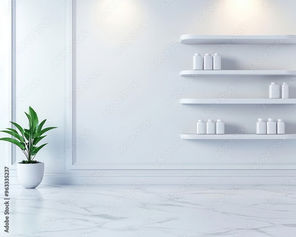 White minimalist pharmacy with modern shelving units, bright lighting, and clean surfaces, Contemporary, 3D Illustration White minimalist pharmacy with modern shelving units, bright lighting, and clean surfaces, Contemporary, 3D Illustration