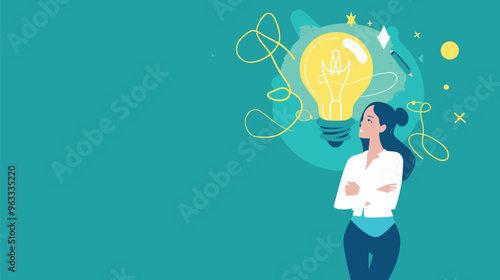 Hand Drawing Glowing Light Bulb with Pen Next to Thinking Businesswoman - Creative Ideas Landing Page