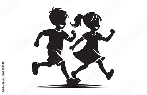 children girl and boy joyfully run of silhouette vector