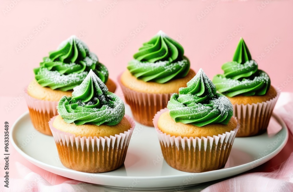 Christmas cupcakes with green frosting on top. Christmas cupcakes with green frosting on top.