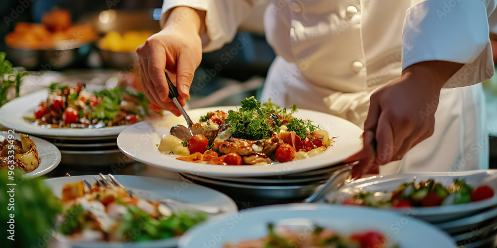 Chef's Creativity: A chef deftly preparing a sumptuous meal, artfully arranging each dish on the plate. Chef's Creativity: A chef deftly preparing a sumptuous meal, artfully arranging each dish on the plate.