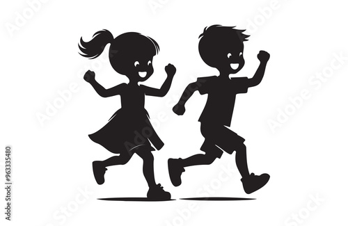 children girl and boy joyfully run of silhouette vector