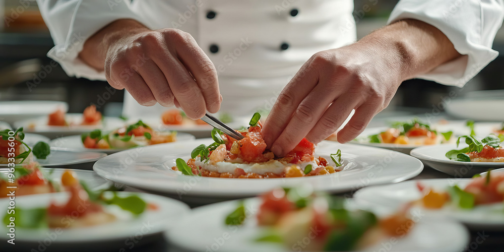 Chef's Creativity: A chef deftly preparing a sumptuous meal, artfully arranging each dish on the plate. Chef's Creativity: A chef deftly preparing a sumptuous meal, artfully arranging each dish on the plate.