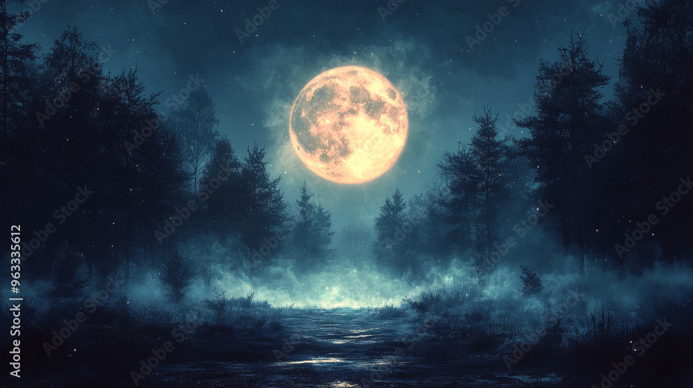 A full moon shines brightly over a misty forest. A full moon shines brightly over a misty forest.