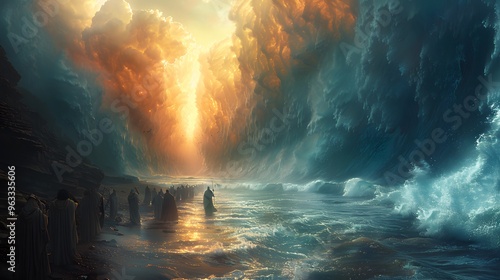Illustrate the epic scene of Moses raising his staff, commanding the Red Sea to part, forming towering walls of water on either side,