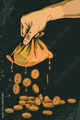 Hand Holding Leaky Bag with Coins Pouring Out, Symbolizing Financial Crisis, Recession, or Bankruptcy