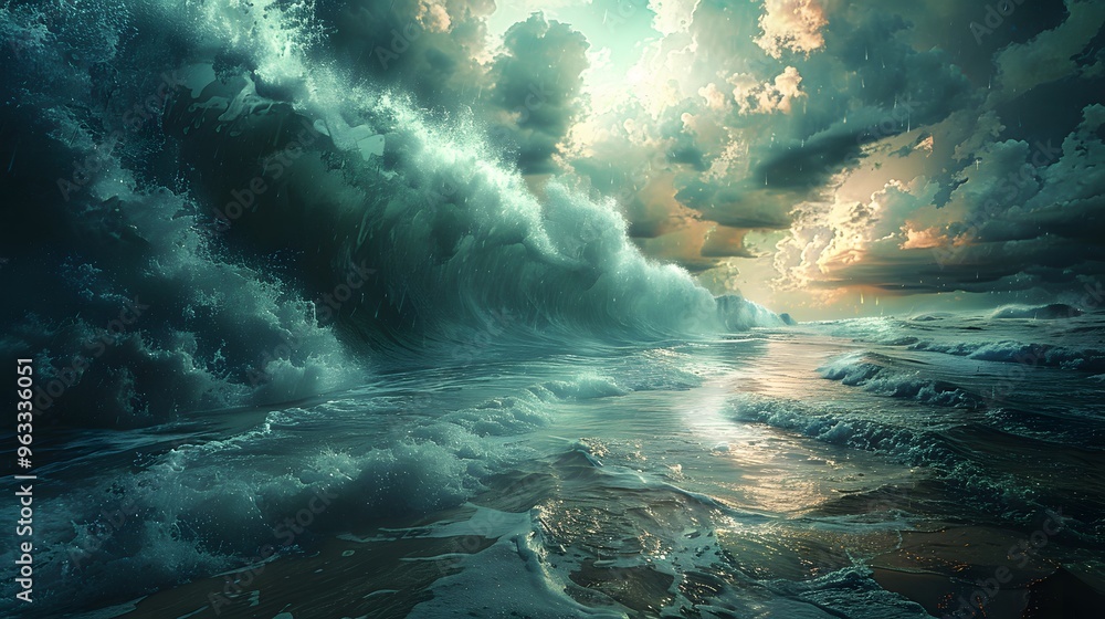 Illustrate the miraculous moment as the Red Sea parts at Moses’ command, creating a dry path for the Israelites, Illustrate the miraculous moment as the Red Sea parts at Moses’ command, creating a dry path for the Israelites,