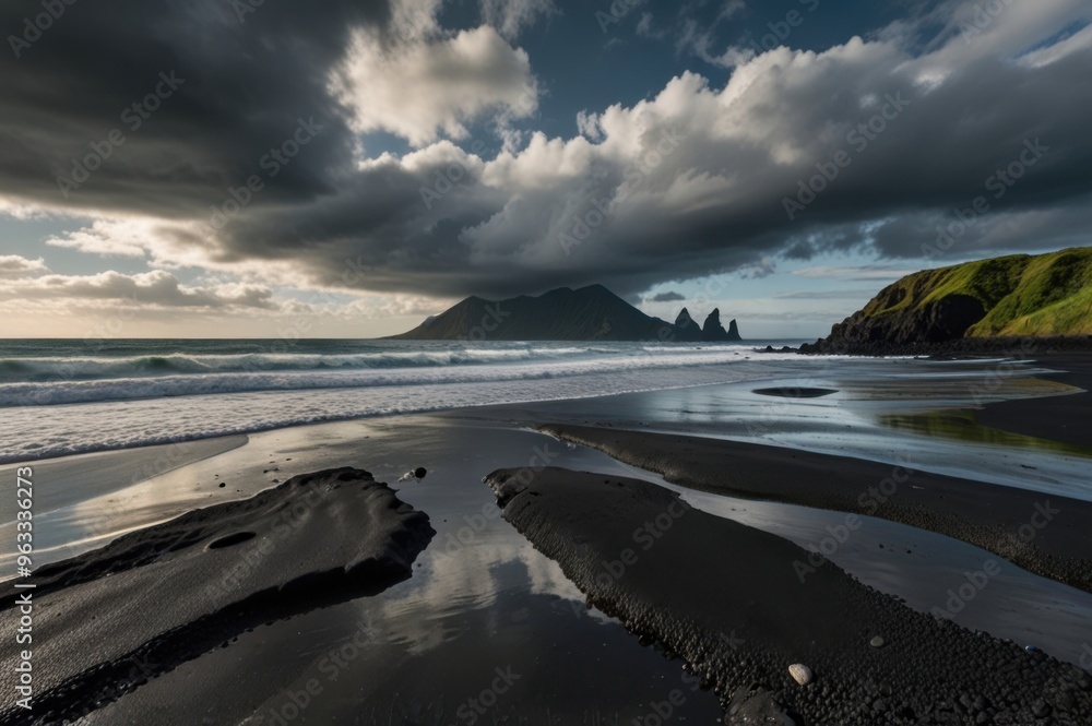 Isolated Black Sand Beach with Volcanic Rock Formations Serene Seascape Cloudy Sky Ai Generated Isolated Black Sand Beach with Volcanic Rock Formations Serene Seascape Cloudy Sky Ai Generated