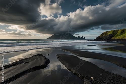 Isolated Black Sand Beach with Volcanic Rock Formations Serene Seascape Cloudy Sky Ai Generated