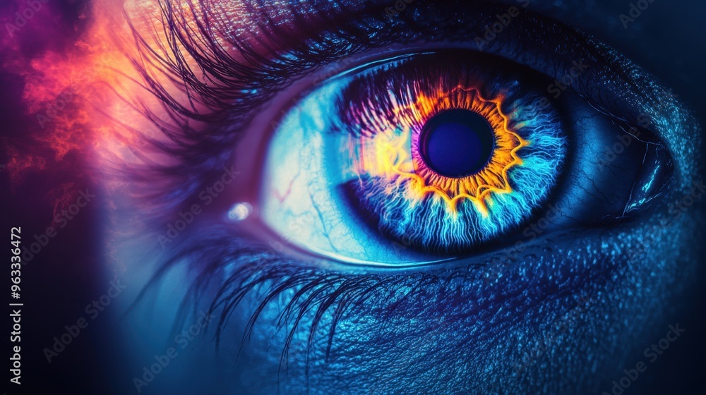 Conceptual image of a large, detailed human eye on a dark gradient background, emphasizing sharp contrasts and vivid colors. Conceptual image of a large, detailed human eye on a dark gradient background, emphasizing sharp contrasts and vivid colors.