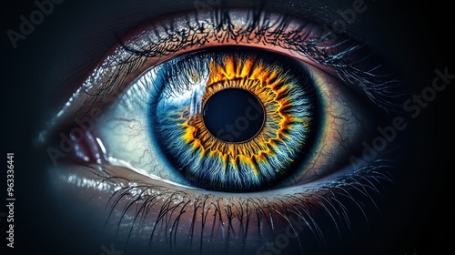 Conceptual image of a large, detailed human eye on a dark gradient background, emphasizing sharp contrasts and vivid colors.