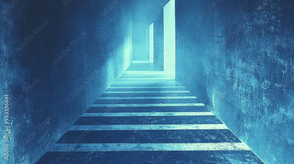 A blue, textured hallway leads to a bright light at the end. A blue, textured hallway leads to a bright light at the end.