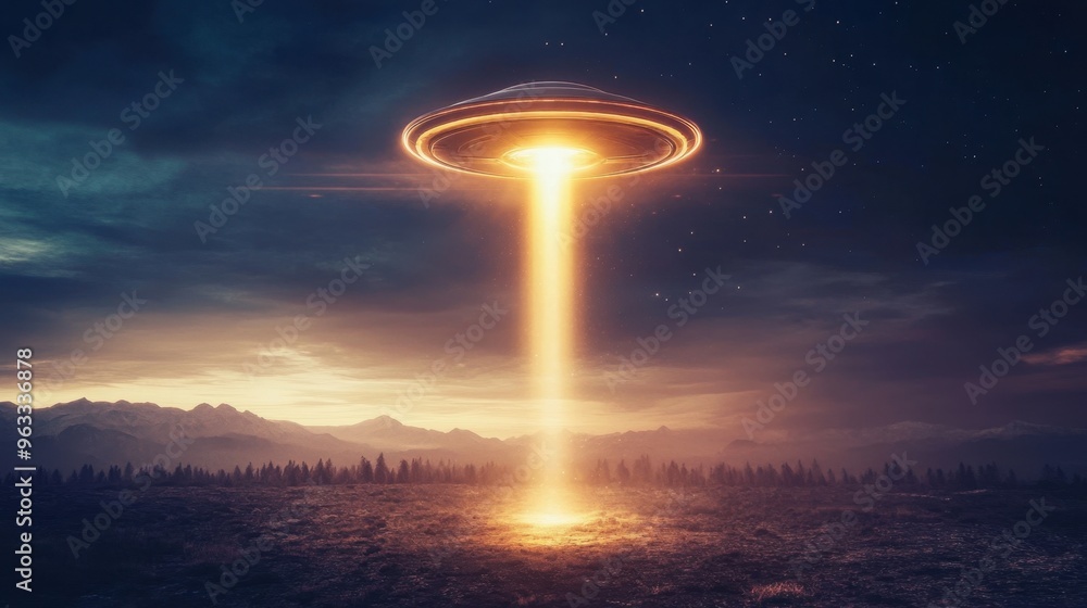 Bright beam of light emerging from a flying UFO, illuminating the ground below in a dramatic scene. 3D rendered. Bright beam of light emerging from a flying UFO, illuminating the ground below in a dramatic scene. 3D rendered.