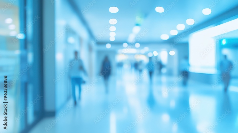 Blurred background of a modern hospital interior with a glass door and white wall, blurred people walking in the corridor, a medical clinic or office architecture concept Blurred background of a modern hospital interior with a glass door and white wall, blurred people walking in the corridor, a medical clinic or office architecture concept