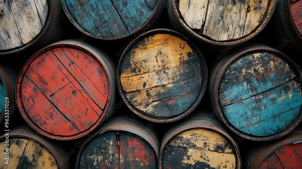 Old wooden oil barrels, cracked and aged, evoke a sense of history and sustainability in modern storage practices. Old wooden oil barrels, cracked and aged, evoke a sense of history and sustainability in modern storage practices.