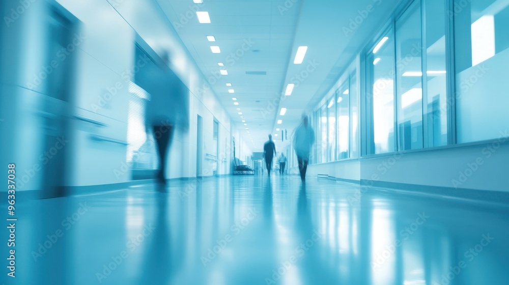 Blurred background of a modern hospital interior with a glass door and white wall, blurred people walking in the corridor, a medical clinic or office architecture concept Blurred background of a modern hospital interior with a glass door and white wall, blurred people walking in the corridor, a medical clinic or office architecture concept