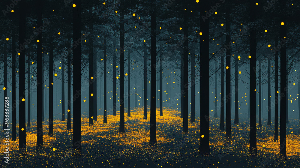 Obraz premium A misty forest glows with fireflies at night.