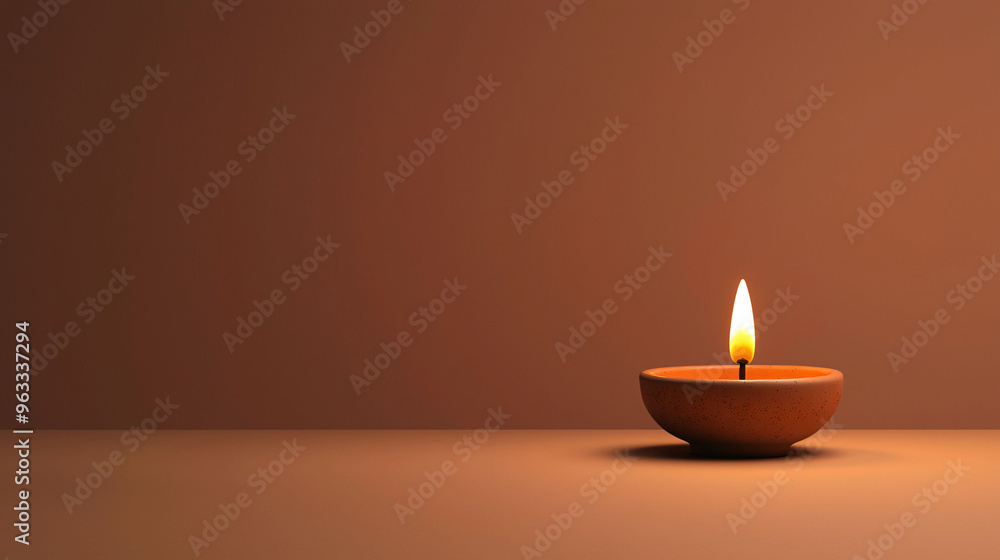 A glowing traditional clay diya illuminates serene space, creating warm and inviting atmosphere. A glowing traditional clay diya illuminates serene space, creating warm and inviting atmosphere.