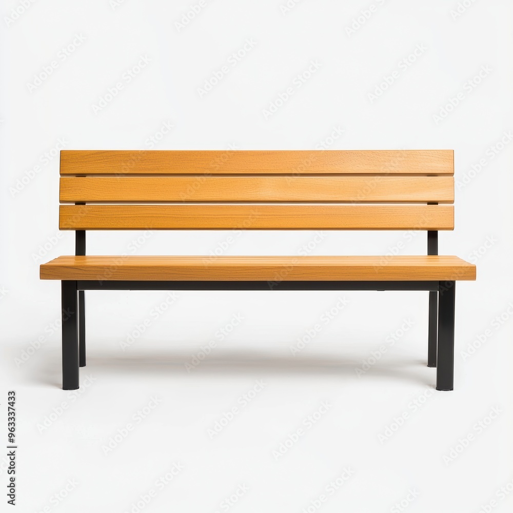 A wooden bench with black metal legs sits on a white background A wooden bench with black metal legs sits on a white background