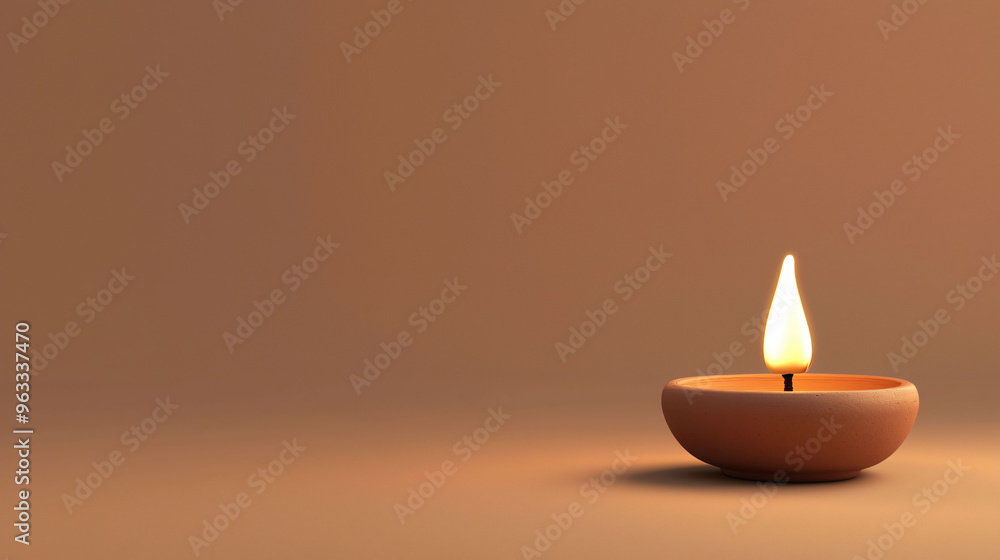 A glowing traditional clay diya illuminates serene background, creating warm and peaceful atmosphere. A glowing traditional clay diya illuminates serene background, creating warm and peaceful atmosphere.
