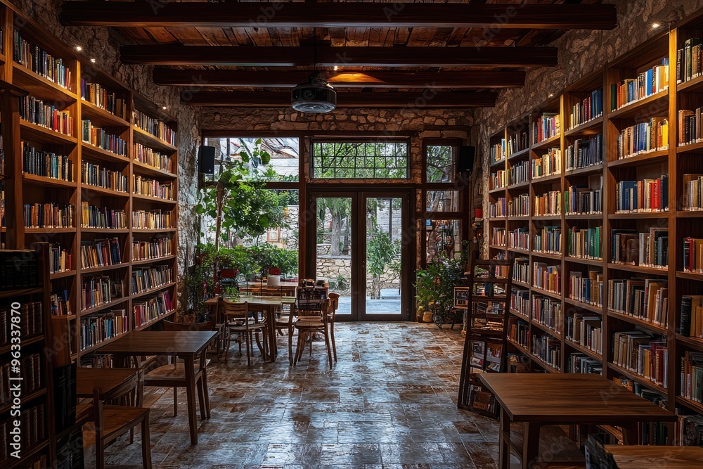 Bright Library with Natural Light and Wooden Furniture.. Bright Library with Natural Light and Wooden Furniture..