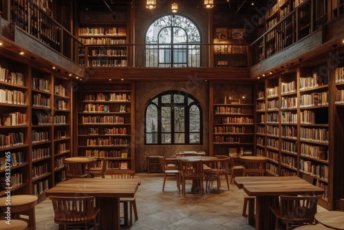 Wallpaper Mural Bright Library with Natural Light and Wooden Furniture.. Torontodigital.ca