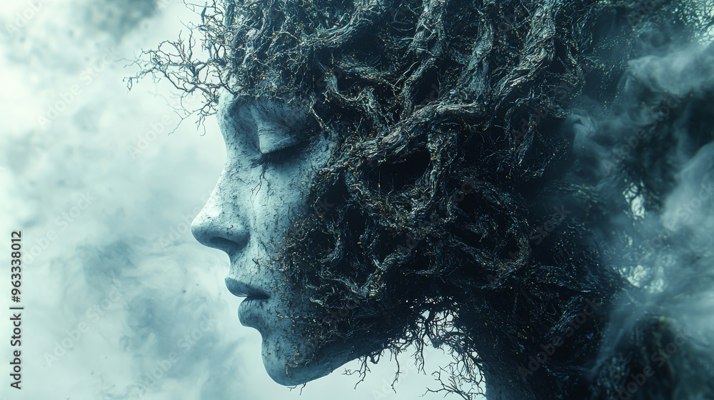 A woman's face is overgrown with vines, surrounded by smoke and mist. A woman's face is overgrown with vines, surrounded by smoke and mist.