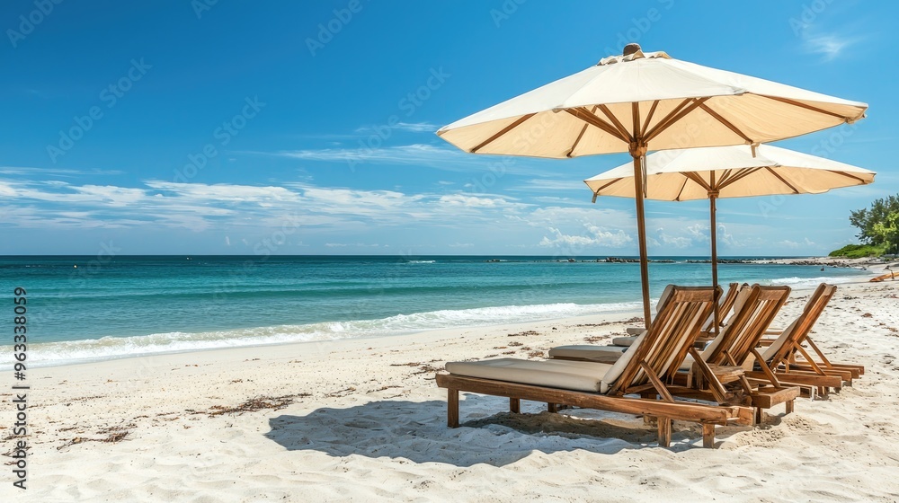 A relaxing beachside scene with lounge chairs, umbrellas, and a view of the calm ocean waves under a clear blue sky. A relaxing beachside scene with lounge chairs, umbrellas, and a view of the calm ocean waves under a clear blue sky.