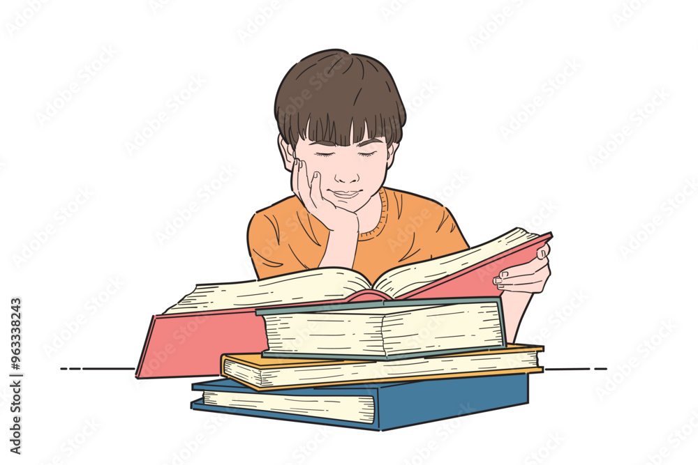 Little boy studying with reading book. Vector flat color. Little boy studying with reading book. Vector flat color.