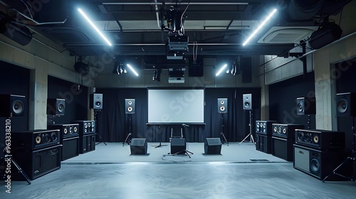Advanced Audio Visual Studio Setup Sound Equipment Speaker Placement Lighting Control. AI Generated