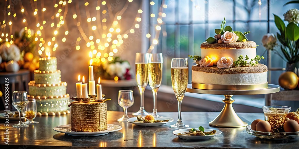 A stunning, HDR-quality image of a decadent birthday spread, complete with gleaming cake, sparkling champagne, and crisp linens, showcased on a sleek, modern table. A stunning, HDR-quality image of a decadent birthday spread, complete with gleaming cake, sparkling champagne, and crisp linens, showcased on a sleek, modern table.