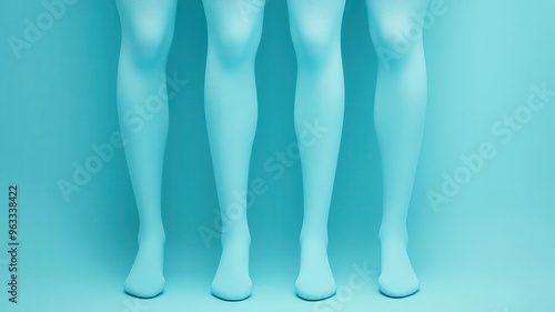 Multiple legs in pastel blues, disappearing into holes, exploring themes of repetition and identity