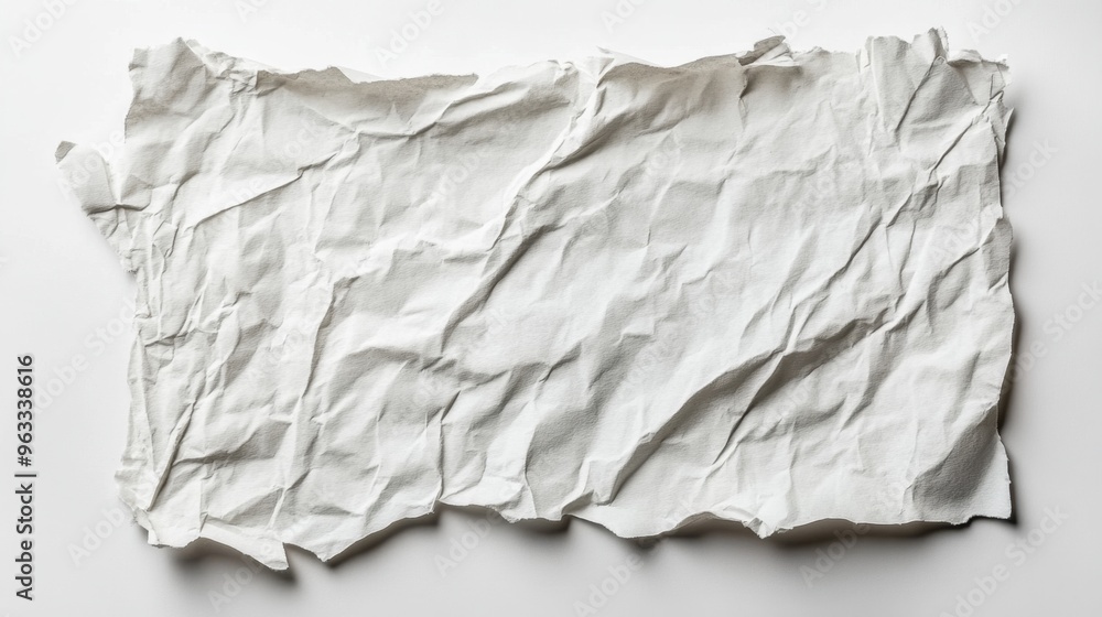 Obraz premium Paper sheet with rough edges, folded and creased, laying flat on a white background, with detailed texture.