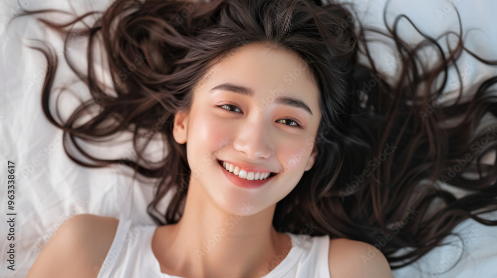 East Asian Pretty woman smiling Lying on the back with fresh hair png file East Asian Pretty woman smiling Lying on the back with fresh hair png file