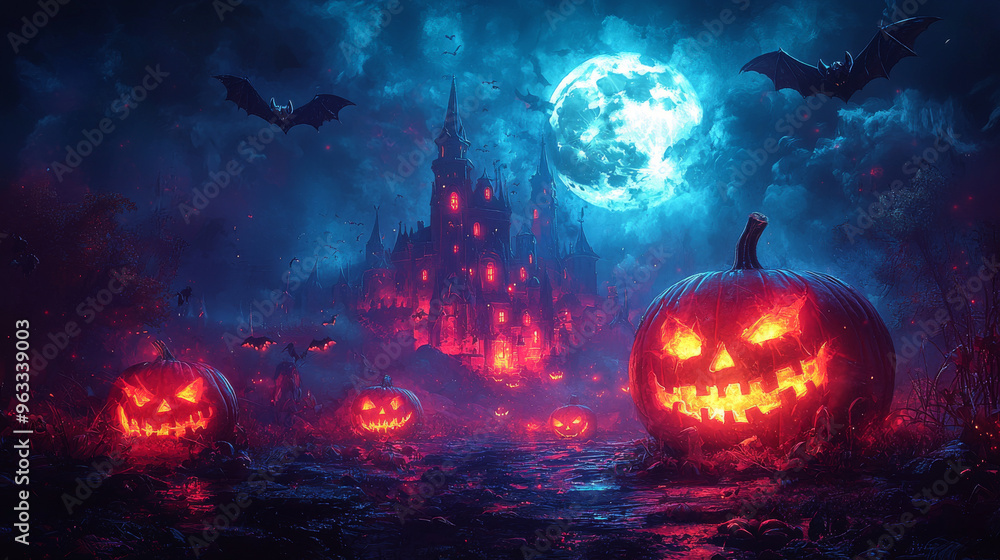 Spooky Halloween scene with jack-o-lanterns and a haunted castle. Spooky Halloween scene with jack-o-lanterns and a haunted castle.