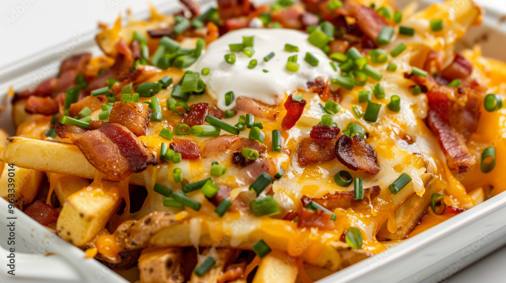 Loaded French fries with cheese, bacon, green onions, and sour cream in a white ceramic dish, angled view, vibrant toppings, PNG file, Generated AI Loaded French fries with cheese, bacon, green onions, and sour cream in a white ceramic dish, angled view, vibrant toppings, PNG file, Generated AI