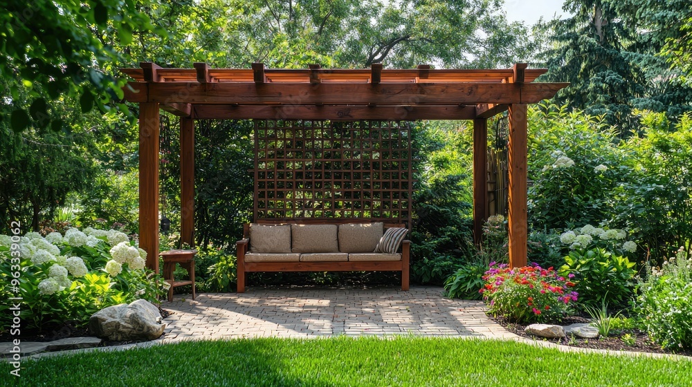 A serene backyard garden with a wooden pergola, blooming flowers, and a peaceful seating area for relaxation. A serene backyard garden with a wooden pergola, blooming flowers, and a peaceful seating area for relaxation.