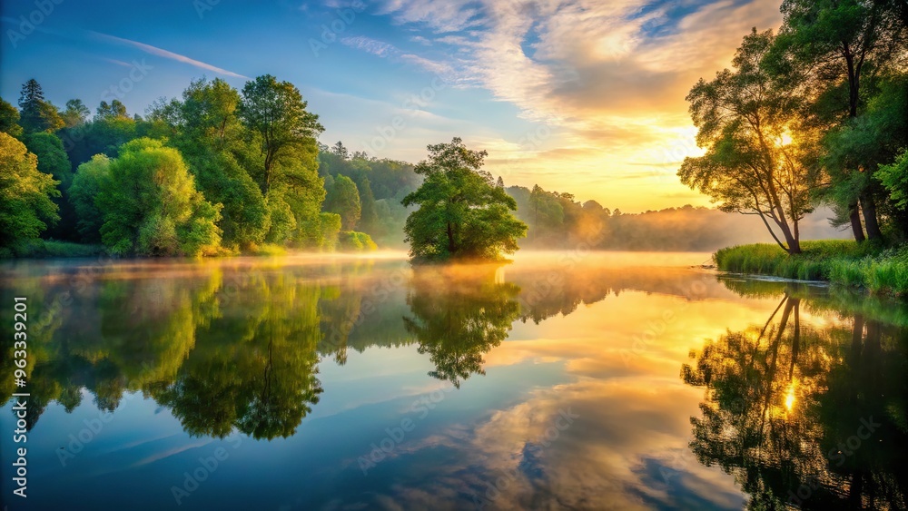 A picturesque lake at dawn, with misty atmosphere, calm water, and lush green trees, photographed with precise focus and accurate color representation. A picturesque lake at dawn, with misty atmosphere, calm water, and lush green trees, photographed with precise focus and accurate color representation.