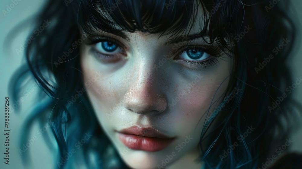 portrait of a teenage girl with blue hair and light eyes and freckles portrait of a teenage girl with blue hair and light eyes and freckles