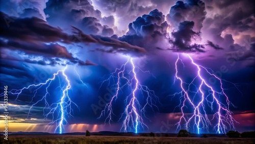 Electrifying lightning bolts bursting out of a stormy night sky, radiating vibrant blue and purple hues that illuminate the dark clouds.