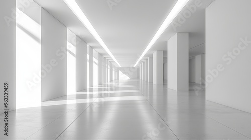 Minimalist white room with stark design, evoking a futuristic and abstract atmosphere. Clean lines and an empty, spacious environment reminiscent of digital worlds and modern architectural concepts.