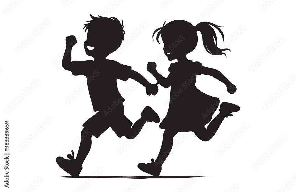 children girl and boy joyfully run of silhouette vector children girl and boy joyfully run of silhouette vector