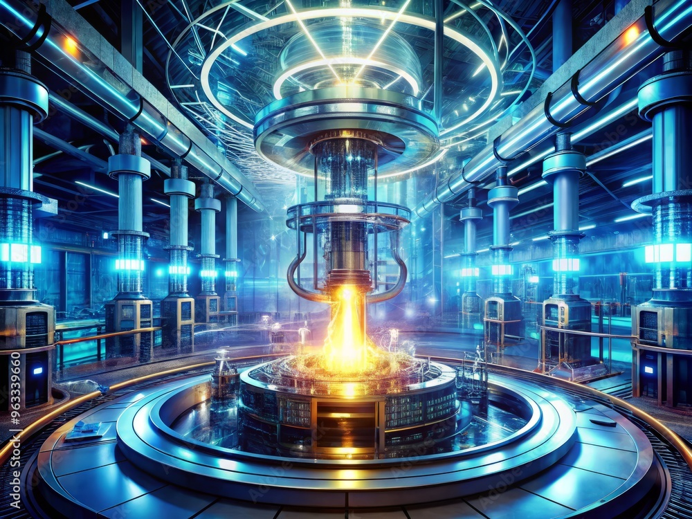 A futuristic laboratory scene featuring a massive, glowing quantum computer at its center, surrounded by humming machinery and cables, with shafts of light illuminating the misty air. A futuristic laboratory scene featuring a massive, glowing quantum computer at its center, surrounded by humming machinery and cables, with shafts of light illuminating the misty air.